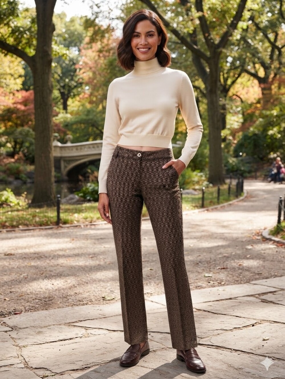 Cabi Brown Geo Print Tailored Straight Leg Trousers Size 4